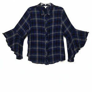 C.(EST.1946)*BLUE PLAID*BUTTON DOWN BLOUSE TIERED BELL RUFFLE SLEEVE SIZE:18/20W
